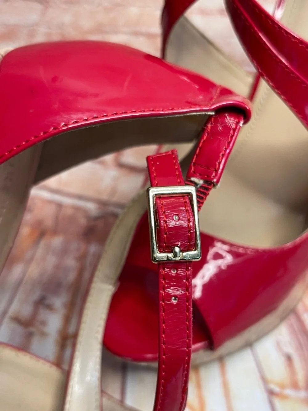 Forever 21 Red Peep Toe Ulta High Patent Leather Wedges with Cork Platform